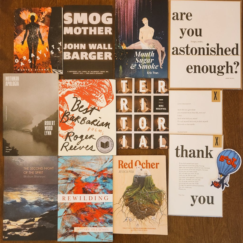 That #AWP23 #AWP2023 book and swag haul.  (Not pictured: pyrite from Jan Beatty).

@RobertWoodLynn @rebelinslacks @DiodeEditions