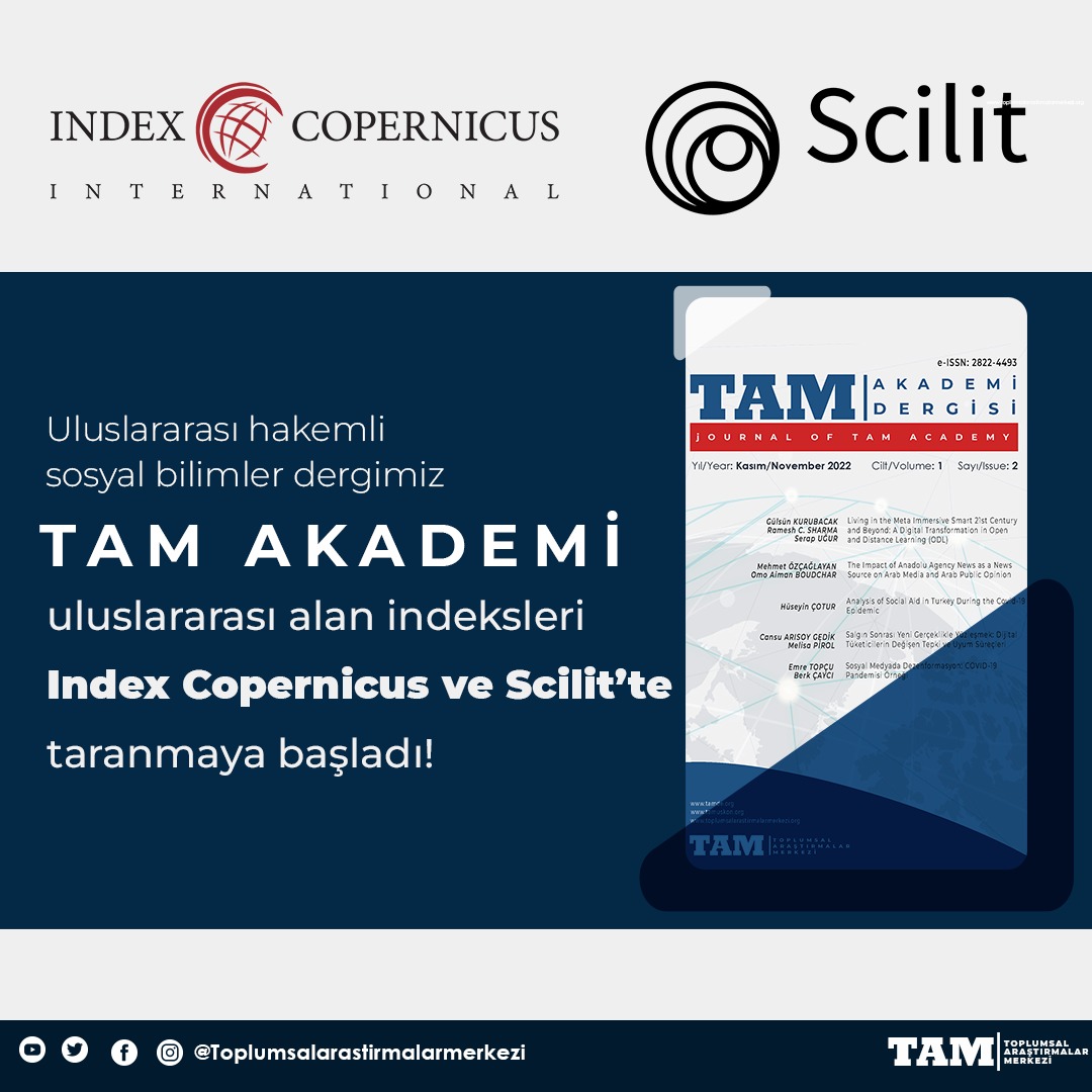 Uluslararası hakemli sosyal bilimler dergimiz #TAMAkademi, uluslararası alan indeksleri #IndexCopernicus ve #Scilit'te taranmaya başladı.