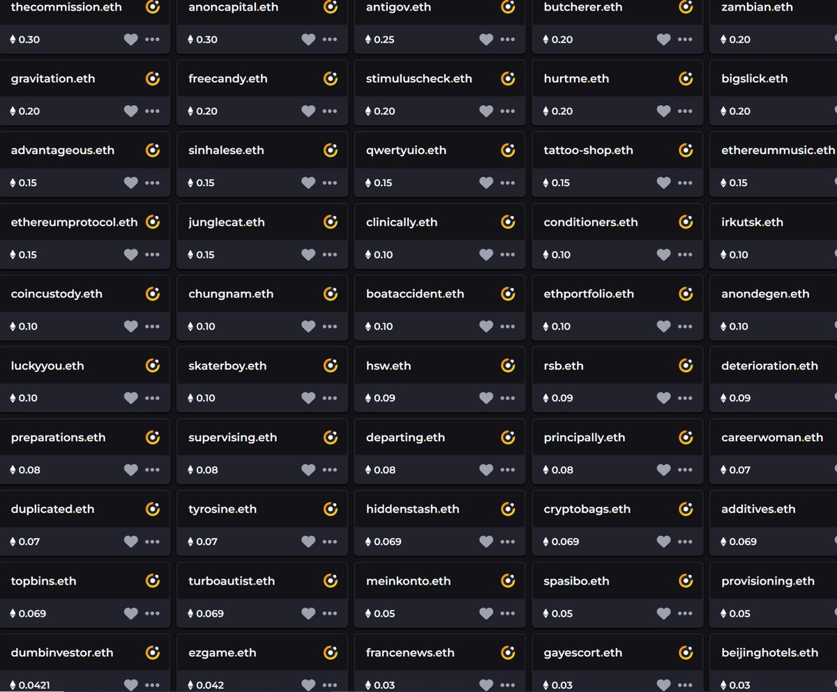 Used the bulk list feature on <a href="/ensvision/">Vision.eth</a> to make some listings between 0.03 ETH and 0.3 ETH

Figured we could do a little giveaway

To enter:
1⃣ Reply with an ENS you want from the pic below
2⃣ RT

Will draw 2 winners this weekend