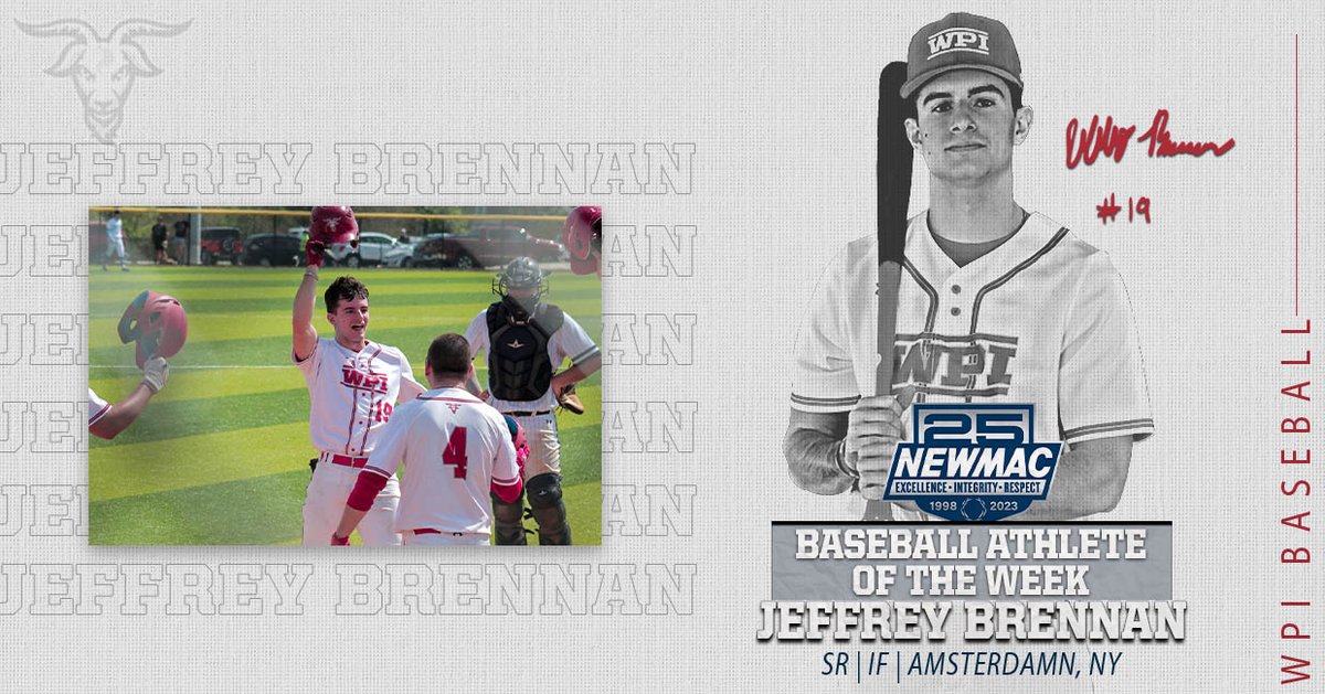 WPIAthletics's tweet photo. Congratulations to Jeffrey Brennan, your @NEWMACsports Baseball 𝓐𝓽𝓱𝓵𝓮𝓽𝓮 𝓸𝓯 𝓽𝓱𝓮 𝓦𝓮𝓮𝓴‼️

.464 at the plate last week 😮‍💨
11 runs scored, 9 RBI 🔥
2 doubles, 4 stolen bases 💨

Read more below! 👇
📰↠https://t.co/IjirdNFp4v

⚾️𝚡🐐
#GoatNation #d3bsb https://t.co/ke0LHKClby