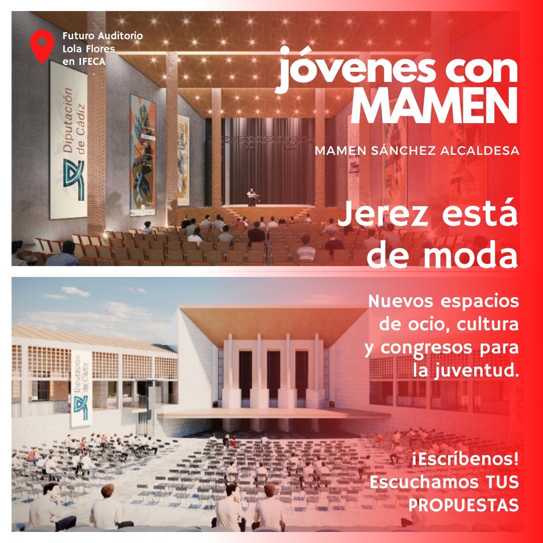 JovenesMamen23's tweet photo. 💅 Aquí el futuro Auditorio Lola Flores en #IFECA, donde disfrutaremos de un nuevoespacio de ocio, cultura, congresos...
🌹 Con Mamen y con una Diputación socialista, Jerez está de moda. Seremos un reclamo de oferta cultural y eventos.
💪 Por eso, los jóvenes #QueremosAMamen https://t.co/s0Qfmf4IKg