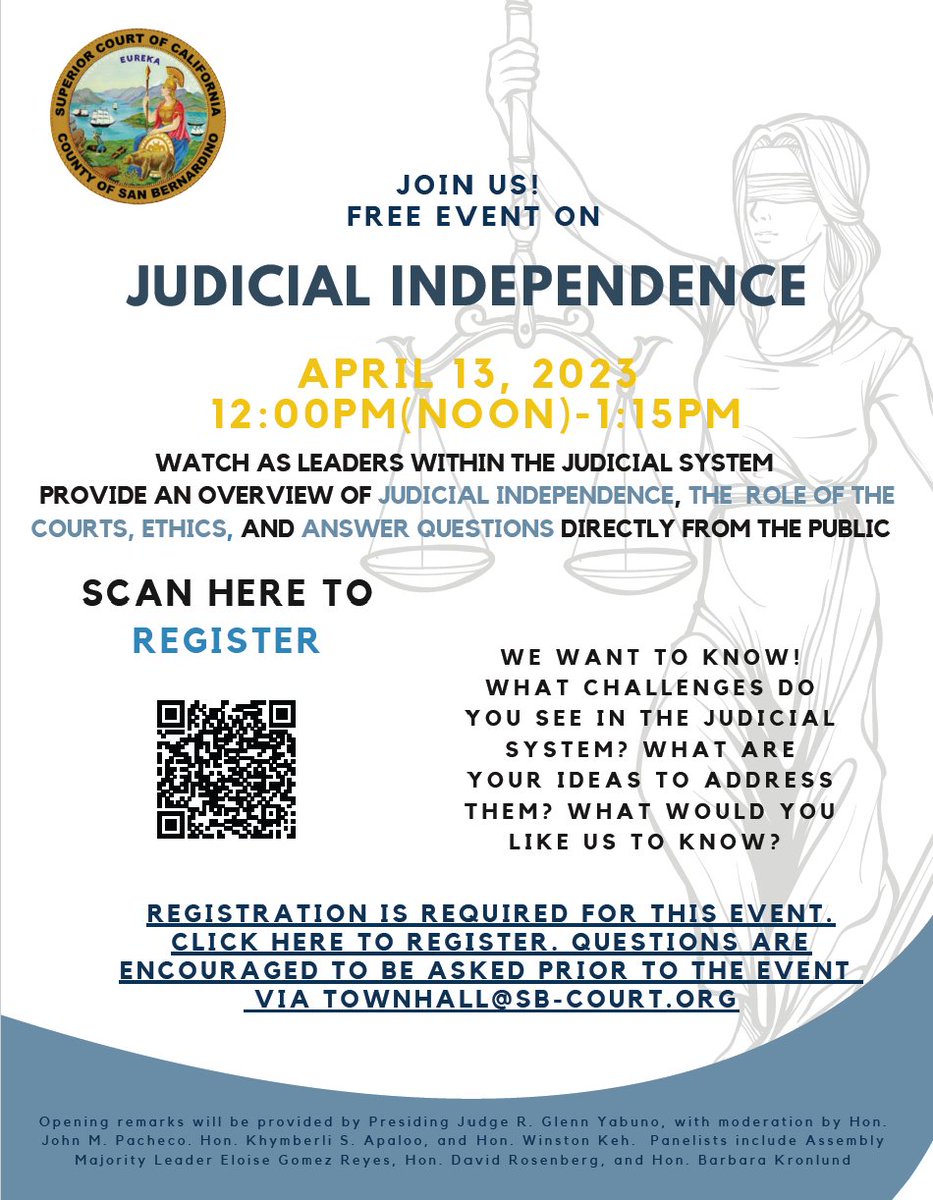 What is judicial independence &amp; why is it so critical? Find out during this special online townhall presented by @sanberncourt on April 13. It's free to participate but registration is required. Register here: bit.ly/3FiwsYM 
#JudicialIndependence #CAJudges #ThirdBranch