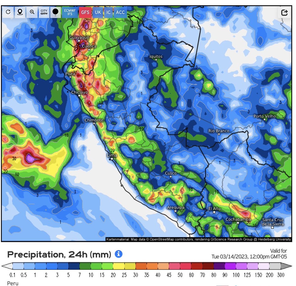 hombredeltiempo's tweet photo. Mapa de Riesgos HOY. Modelo GFS con lluvias próximas 24 horas (12PM-12PM Mañana). Coinciden en lluvias muy fuertes entre #Lambayeque y #LaLibertad en costa. Riesgos de huaycos desde #Lambayeque hasta Región #Lima.
Hoy y mañana difíciles. Mejoran las cosas desde el miércoles. https://t.co/EpfqkxFmUC