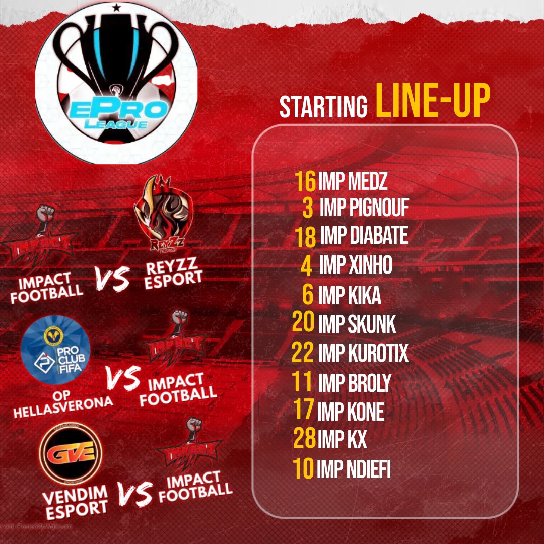 Impact Football (@impactfootball4) on Twitter photo Début de la saison 3 <a href="/eProLeagueCP/">EPro League CP</a> ce soir, bien débuter sera essentiel pour atteindre nos objectifs.
🆚 <a href="/ReyZzEsport/">ReyZz NeTra</a>
🆚@OPHellasVerona
🆚<a href="/MiraNedved/">SKH Nedved co gm Vendin Esport</a>
Bonne chance à nos adversaires 🤝 Début de la saison 3 <a href="/eProLeagueCP/">EPro League CP</a> ce soir, bien débuter sera essentiel pour atteindre nos objectifs.
🆚 <a href="/ReyZzEsport/">ReyZz NeTra</a>
🆚@OPHellasVerona
🆚<a href="/MiraNedved/">SKH Nedved co gm Vendin Esport</a>
Bonne chance à nos adversaires 🤝