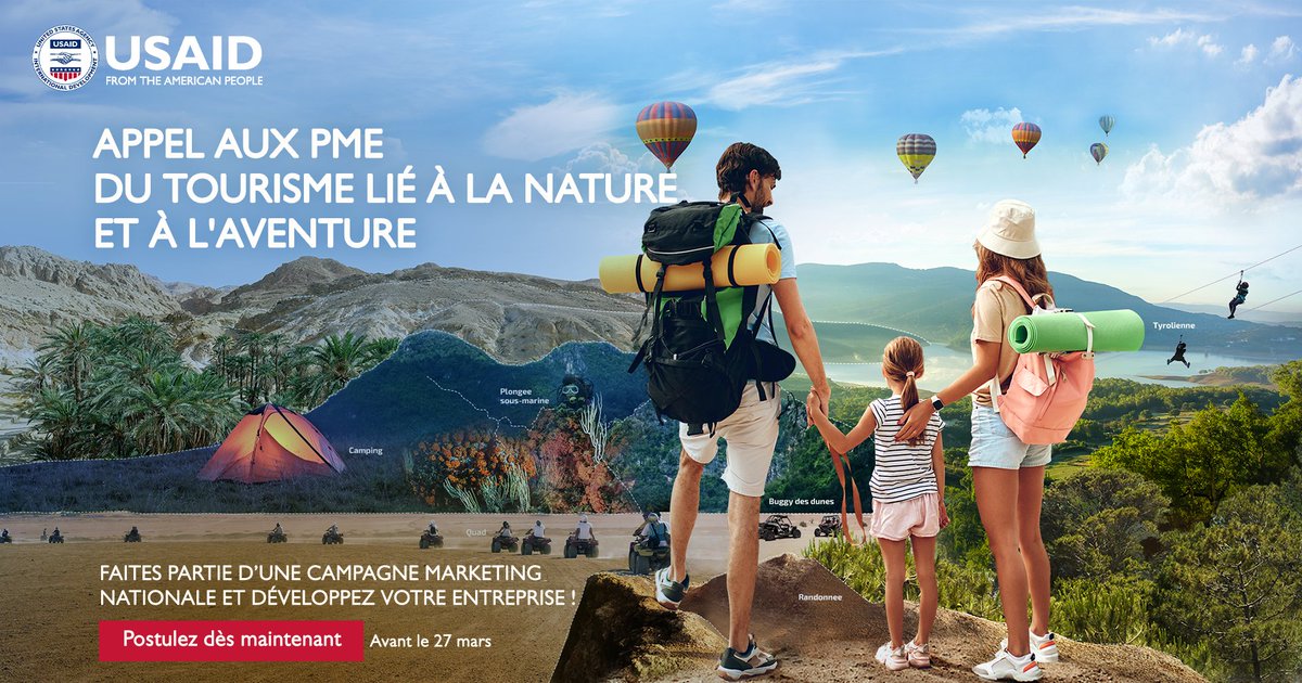 Date limite : 27 mars
Faites partie d’une campagne marketing nationale et développez votre entreprise ! Si vous êtes une PME offrant des activités et des expériences liées à la nature et à l’aventure dans toutes les régions de la Tunisie, participez!
lnkd.in/dMUTYD8C