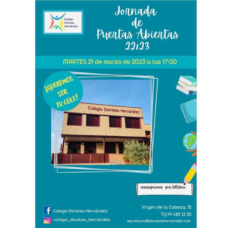 Colegio_DH's tweet photo. ✨JORNADA DE PUERTAS ABIERTAS DH E.Primaria y ESO✨

¿Buscas cole? ¿Quieres conocer nuestro centro?

📅 martes 5 de abril de 2022
⏰16:30

✏️Apúntate para visitar el colegio.
📞 91 485 12 32

¡Ven a conocernos! 😊
¡Queremos ser tu cole! 🤗

#curso2223
#… https://t.co/n58qz8iGjr https://t.co/8EESquhiEB