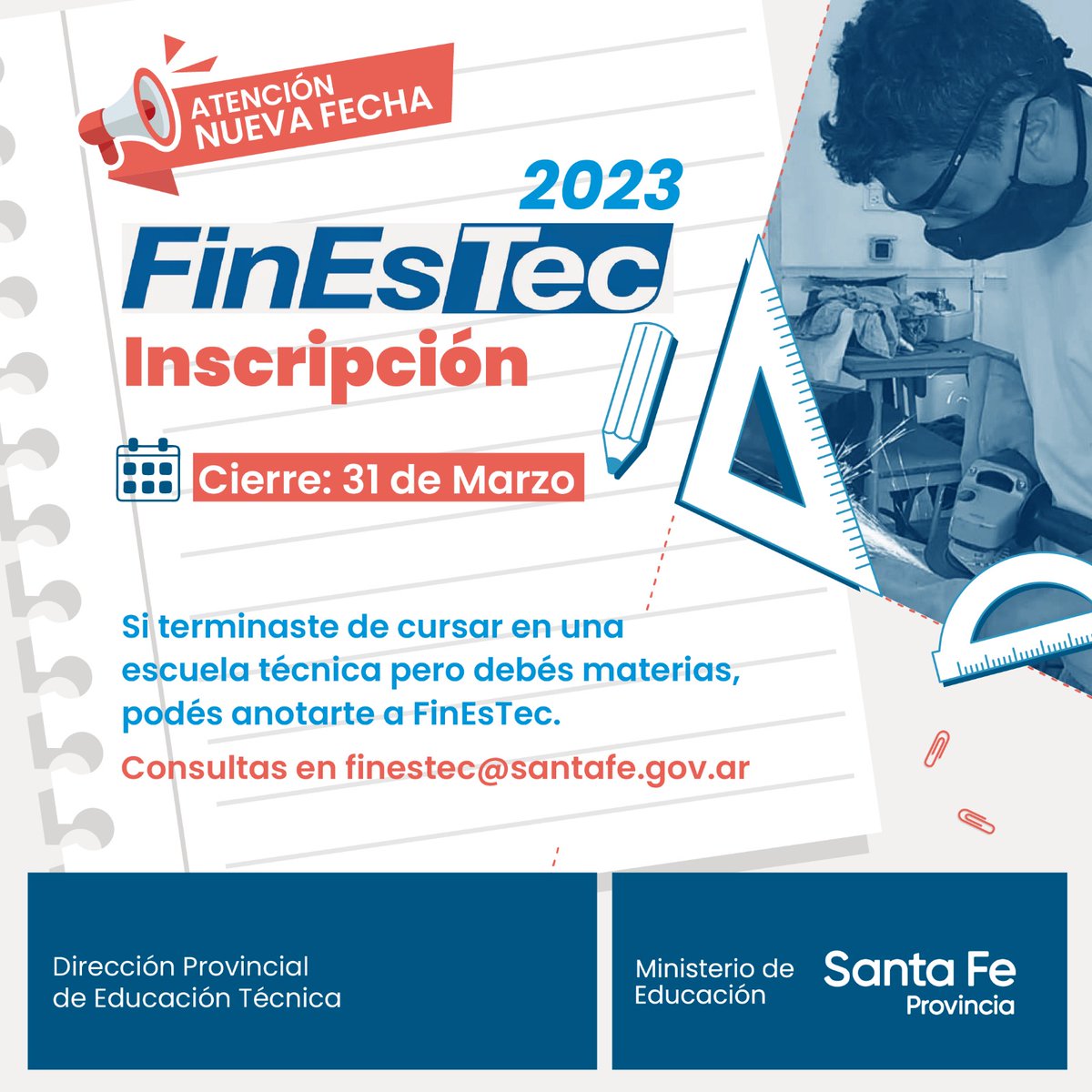 INETetp's tweet photo. 📢ATENCIÓN❗ Estudiantes de #SantaFe
Si terminaste de cursar en una escuela técnica y te quedaron materias pendientes, podés obtener tu título con #FinEsTec. Ahora tenés tiempo de inscribirte hasta el 31/3
Más información y formas de inscripción (según departamento)⬇️
(hilo) https://t.co/wvCQAhC7JJ