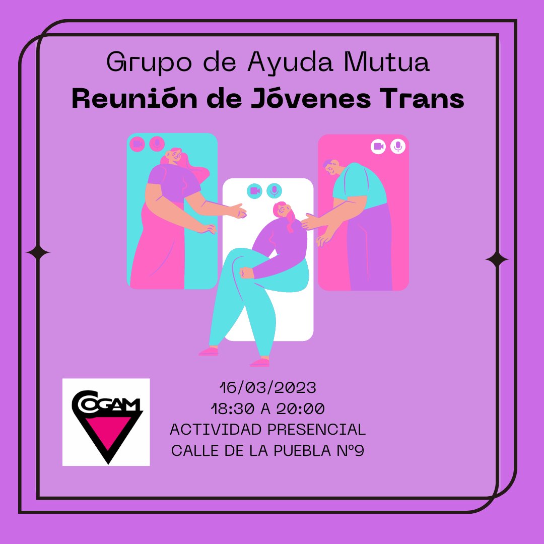 Tenemos nuestra próxima reunión este jueves 16 a las 18:30. 

Son reuniones no mixtas para personas trans y en cuestionamiento. El rango de edad es de 20 a 30 años.

No es necesario inscripción previa.

Te esperamos ✨