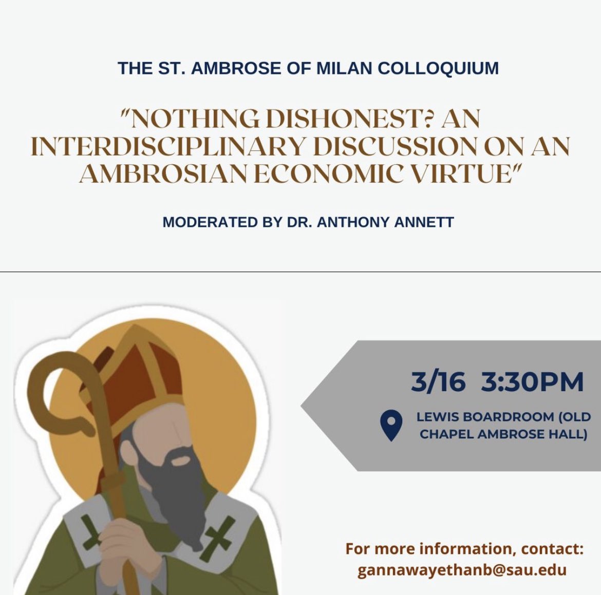 SAU_ASSAM's tweet photo. See you Thursday for the St. Ambrose of Milan Colloquium! Panelists will include Dr. Allison Ambrose, Dr. Johny Augustine, and students Lauren Heil and Luke Sproule! 📚📝 https://t.co/HhAzf91uy7