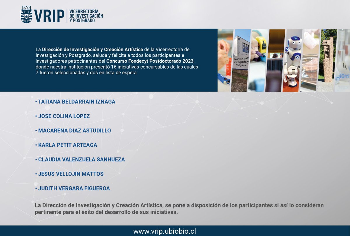 vripubb's tweet photo. Saludamos a las/os participantes y seleccionadas/os @ubbchile  del Concurso Fondecyt Postdoctorado 2023 de @AnidInforma https://t.co/1JdEgfRl9O