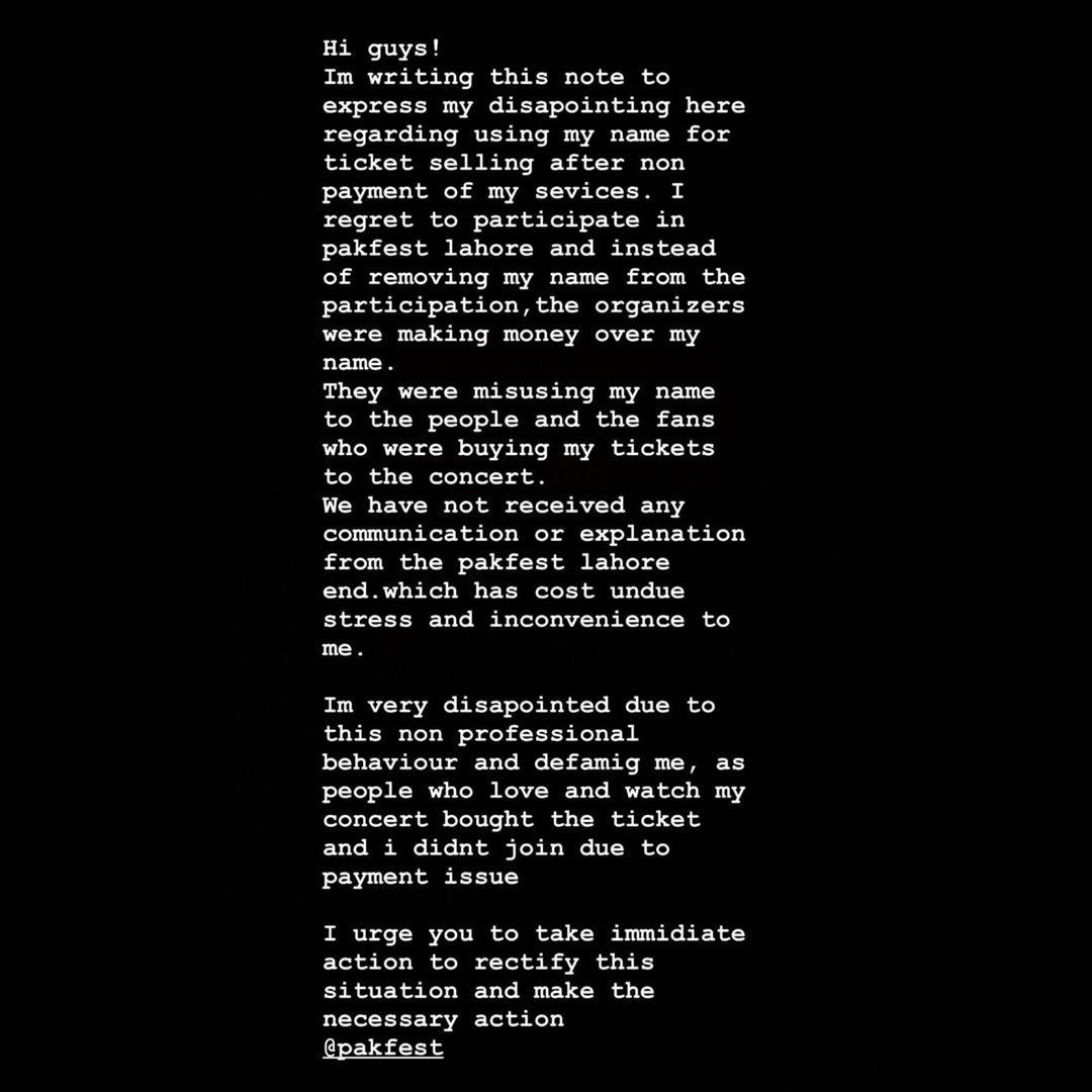 DialoguePak's tweet image. Taking to Instagram, singer Aima Baig has accused the organisers of Pak Fest, a music festival in Lahore, of using her name to promote their concert but not paying her. She shared that because of this reason 

#DialoguePakistan #AimaBaig #PakFest #Lahore #Event #Ticket