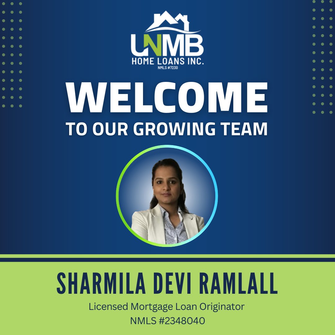 We’d like to give a big UNMB welcome to mortgage loan originator Sharmila Ramlall, who recently joined our growing team. We're excited to have you!

#MLO #mortgage #mortgagebank #UNMB #LongIsland #Bronx #Tarrytown #ElmwoodPark #VirginiaBeach #Tennessee