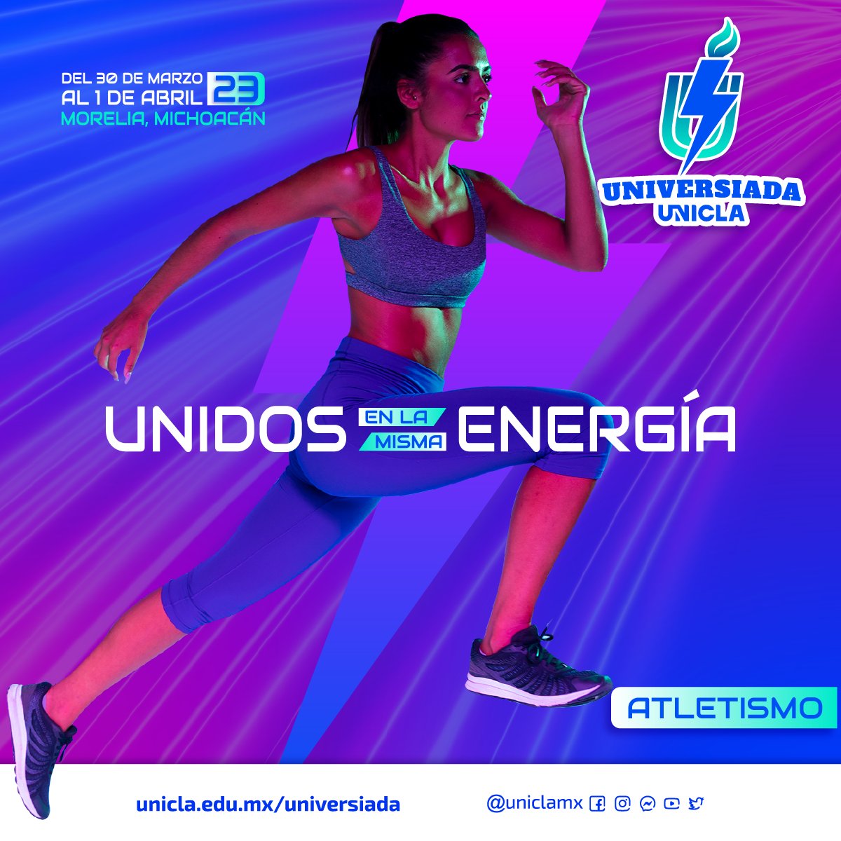 uniclamx's tweet photo. ⚡️¡Únete a la energía del atletismo!⚡️

En la #Universiada2023 se definirá quien es la 🏃‍♀️ y el 🏃 más veloz de la comunidad UNICLA. 

Realiza tu registro en UNICLAnet. 💻

👉 Checa las convocatorias en: https://t.co/uZkeG75FZg https://t.co/7mFMUwunom