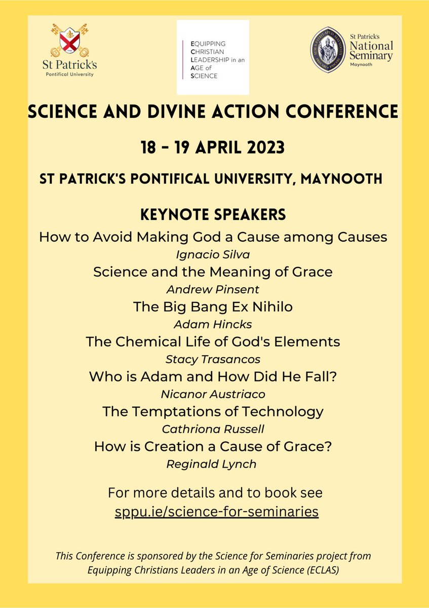 StPatsMaynooth's tweet photo. Science and Divine Action Conference 18-19 April 2023
Visit https://t.co/jn7YEoptTj for more information.
#eclas #scienceforseminaries #sppu #maynooth #stpatricks https://t.co/Ik5qensvKE