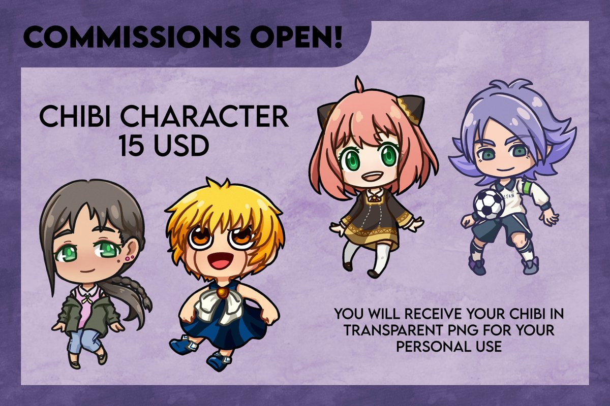 Mi_Ti_Sa's tweet photo. ✨COMMISSIONS OPEN✨

I'm opening commissions! I'm doing chibis for 15 USD, payment via Paypal only. More details and examples below! Contact me by DMs or my email: mitisa.draws@gmail.com https://t.co/VcIg0Y57je