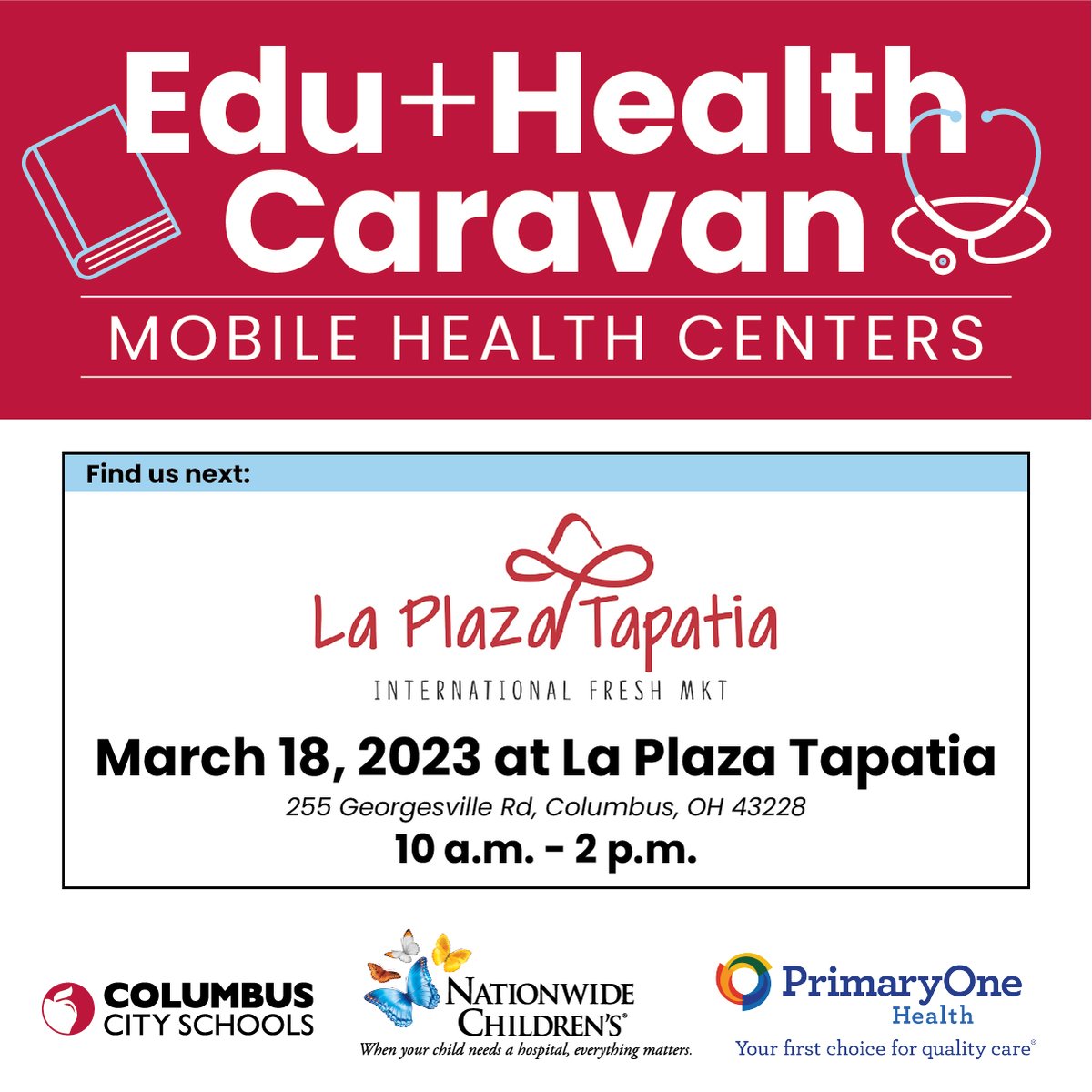 primary1health's tweet photo. We are proud to partner with @ColsCitySchools and @nationwidekids on a new wellness initiative! Join us at La Plaza Tapatia for vaccines, wellness exams, and Medicaid assistance this Saturday, and stay tuned for more event announcements.  #EduHealthCaravan #DrivingGoodHealthtoYou https://t.co/ZGskP7xXr3