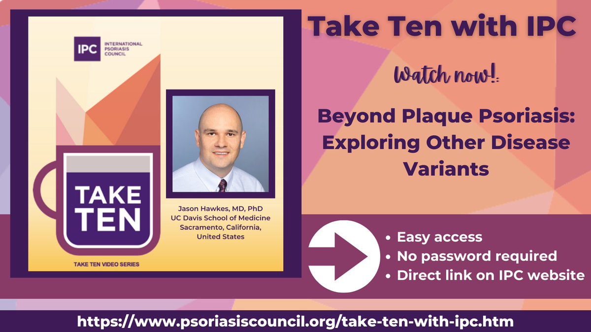 IpcPs's tweet photo. Join #IPCCouncilor Jason Hawkes as he discusses the non-plaque variants of #psoriasis, their relationship to traditional plaque psoriasis, & ongoing efforts to provide more personalized treatments for non-plaque clinical subtypes.
https://t.co/TZmJcIepqI
#TakeTenWithIPC https://t.co/7oFRdBkgON