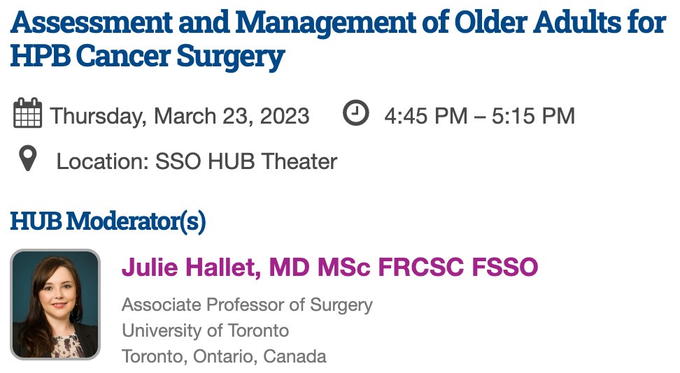UofT Surgical Oncology (@uoftsurgonc) on Twitter photo More content with our <a href="/UofTSurgery/">U of T Department of Surgery</a> team on day 1 of #SSO2023 tomorrow
Talk assessment and management of older adults for #HPBSurgery in #SSOHUB with <a href="/HalletJulie/">Julie Hallet</a> and panelists <a href="/EmilyWinslow4/">Emily Winslow</a> <a href="/aarringtonmd1/">Amanda Arrington MD MHM</a> & Kamran Idrees
🗓4:45PM in HUB Theater
<a href="/_CSSO/">CSSO</a> <a href="/SocSurgOnc/">Society of Surgical Oncology</a> More content with our <a href="/UofTSurgery/">U of T Department of Surgery</a> team on day 1 of #SSO2023 tomorrow
Talk assessment and management of older adults for #HPBSurgery in #SSOHUB with <a href="/HalletJulie/">Julie Hallet</a> and panelists <a href="/EmilyWinslow4/">Emily Winslow</a> <a href="/aarringtonmd1/">Amanda Arrington MD MHM</a> & Kamran Idrees
🗓4:45PM in HUB Theater
<a href="/_CSSO/">CSSO</a> <a href="/SocSurgOnc/">Society of Surgical Oncology</a>