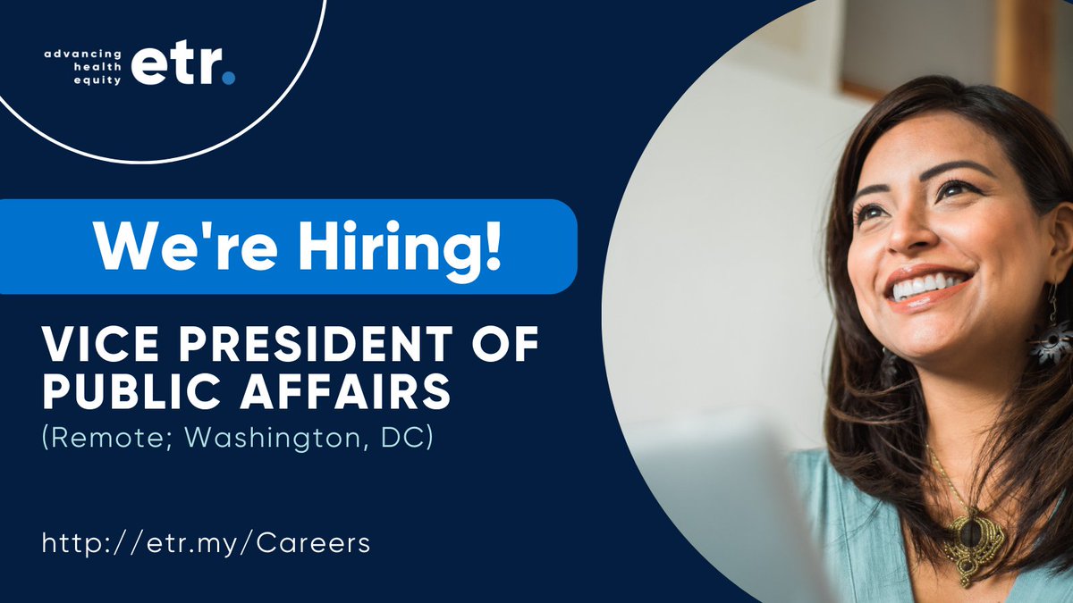 ETRorg's tweet photo. #NowHiring: Vice President of Public Affairs. This position works remotely in Washington, DC; remote candidates outside of Washington, DC considered with ability to commute multiple times per month. Share and learn more at https://t.co/vfGOJV4vt0 #HealthEquity #Advocacy #Policy https://t.co/MpJnpXphYc