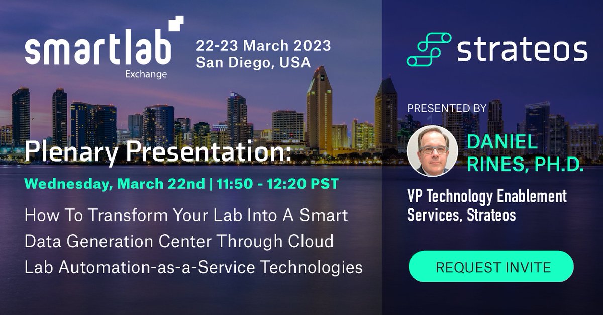 Join Strateos at this year’s #SmartLabExchange US on March 22nd to learn how private remote-controlled labs &amp; #labautomation software can help scientists achieve true data scalability to advance life sciences, accelerate drug discovery, and ultimately improve human health!