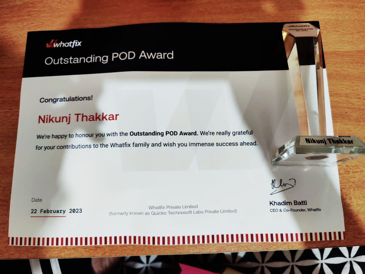 nikunjness's tweet image. Excited to announce that our Analytics team at @whatfix won the Outstanding POD award. Proud of our team&apos;s dedication and hard work in navigating challenges and achieving success. #teamsuccess #whatfix