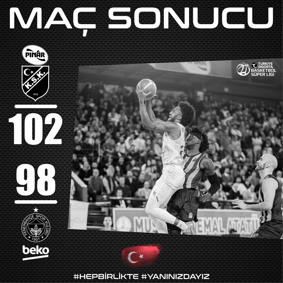 Pınar Karşıyaka’mız Türkiye Sigorta Basketbol Süper Ligi’nin 20’nci haftasında konuk ettiği Fenerbahçe Beko’yu 102-98 mağlup etti. #hepbirlikte #yanınızdayız