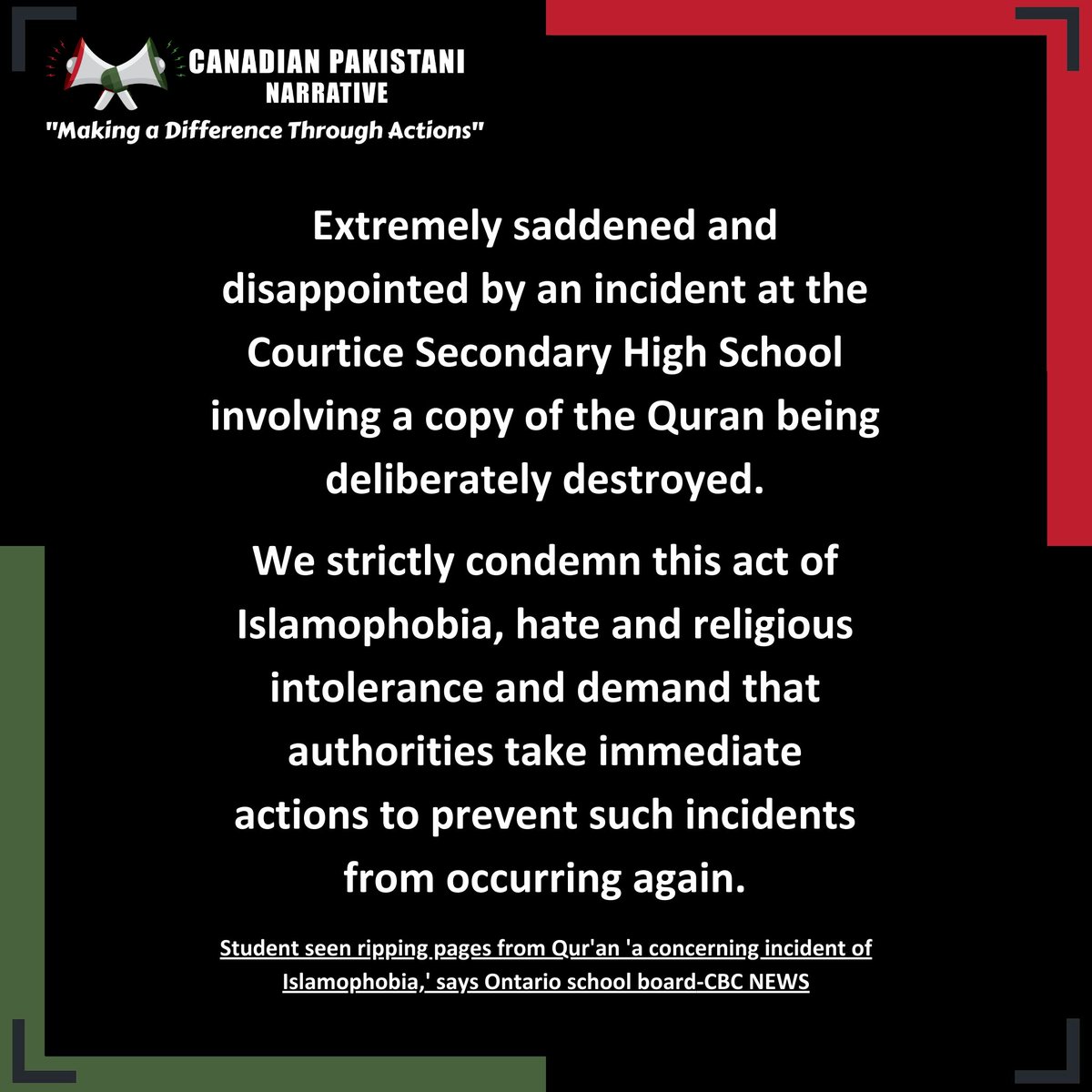 CanPakNarrative's tweet photo. Extremely saddened and disappointed by an incident at the Courtice Secondary High School involving a copy of the Quran being deliberately destroyed.

@Sflecce https://t.co/4jEUHGOra3
