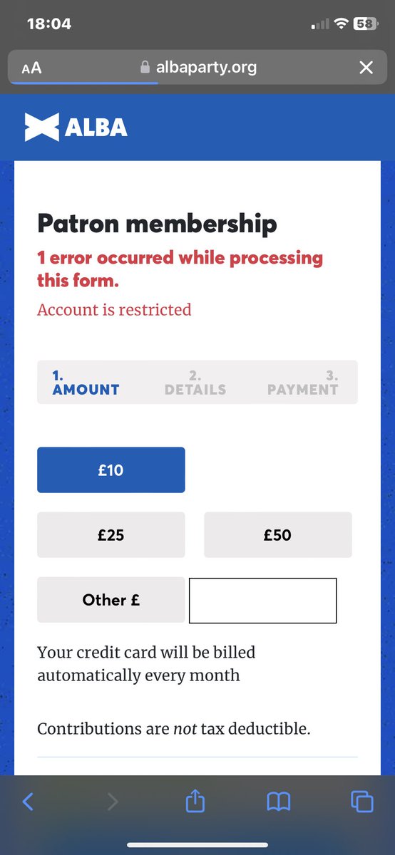 Just Zoe (@zoeforindy) on Twitter photo Hey <a href="/ChrisMcEleny/">Christopher McEleny</a> the Alba online membership application isn’t working. I’ve tried different amounts and the different membership levels - get the same error. General membership only annual payment is shown after selecting monthly. You might be losing new members 👍 Hey <a href="/ChrisMcEleny/">Christopher McEleny</a> the Alba online membership application isn’t working. I’ve tried different amounts and the different membership levels - get the same error. General membership only annual payment is shown after selecting monthly. You might be losing new members 👍
