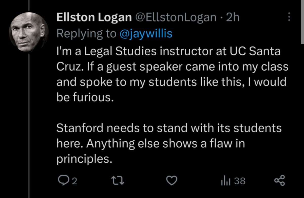 calord8's tweet photo. @ucsantabarbara, do you normally hire people like @EllstonLogan who defend anti-speech extremist and American-hating actions taken by these out-of-control, disrespectful law students at @Stanford?

#StopAttendingExpensiveUniversities https://t.co/URgn7O209Z