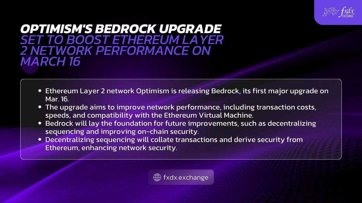 fxdxdex's tweet image. Better costs, speed, and compatibility — introducing the Optimism Bedrock Update!

The @fxdxdex testnet on @optimismFND is ready to go live soon. Are you ready? 🚀

#fxdx #optimism #testnet #BedrockUpgrade #EthereumLayer2 #NetworkPerformance #BlockchainUpgrades