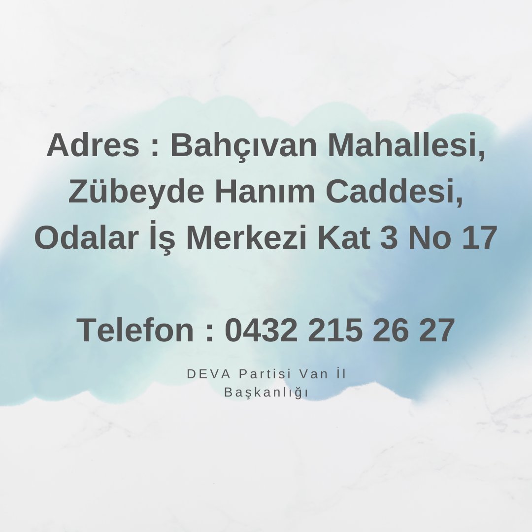 DEVA Partisi Milletvekili Aday Adayı Müracaatları;
Van İl Başkanlığımızda 13-20 Mart tarihleri arasında saat 17:00'a kadar kabul edilmektedir.

Adaylık Başvuru Dilekçesi ve Bilgi Formları İl Teşkilatımızda mevcuttur.