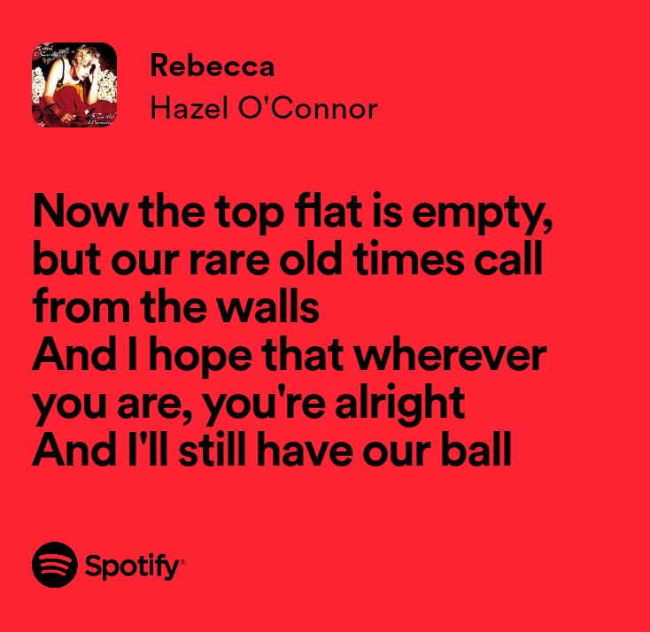I think <a href="/Hazel_OConnor/">Hazel O'Connor</a> is such an amazing songwriter. Rebecca is gorgeous – lyrically and vocally VERY Stevie Nicks. open.spotify.com/track/4Tt2rMRF…