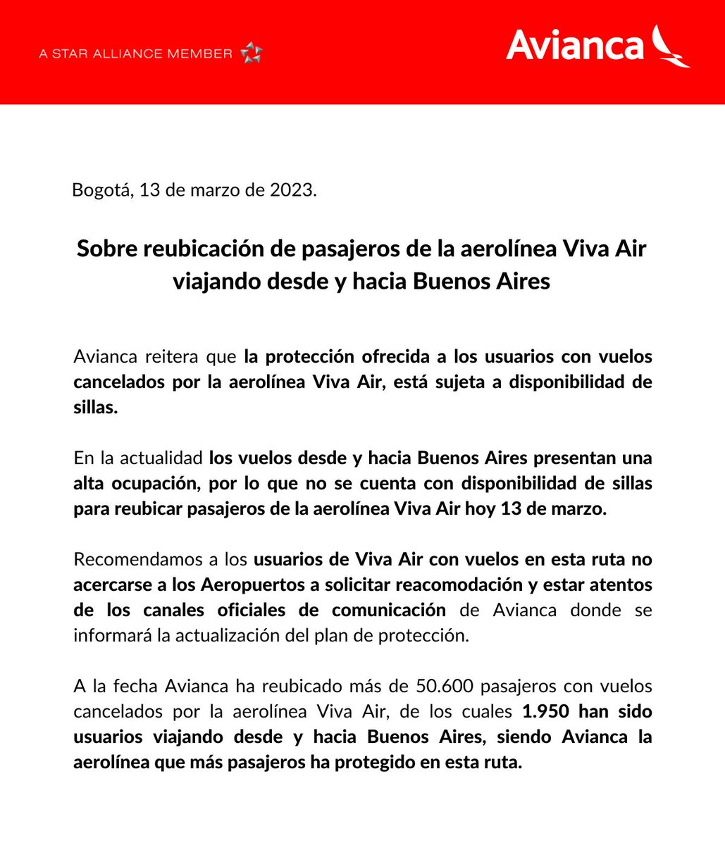 aviancateguia's tweet photo. @dannamendozac Hola, Danna. Sobre la reubicación de los viajeros con vuelos cancelados de Viva Air desde y hacia Buenos Aires, compartimos la siguiente información. https://t.co/zxieXlEXBK