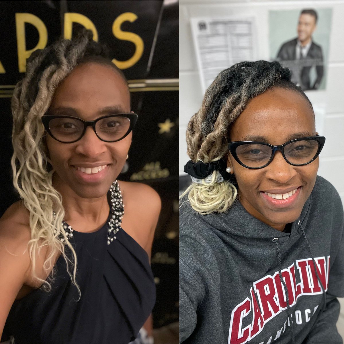 When you go from #Glam @ your #OscarNightParty (by @tja1499 ✨) to #TeacherComfortable in your #SciClassroom reppin’ your alma mater (including sweatpants) during a much-needed #TeacherPlanningDay!  @NNPSWoodside  @UofSC @TheAcademy #StillSmiling #YesIAmTired #ItWasWorthIt ✨🎬🤩