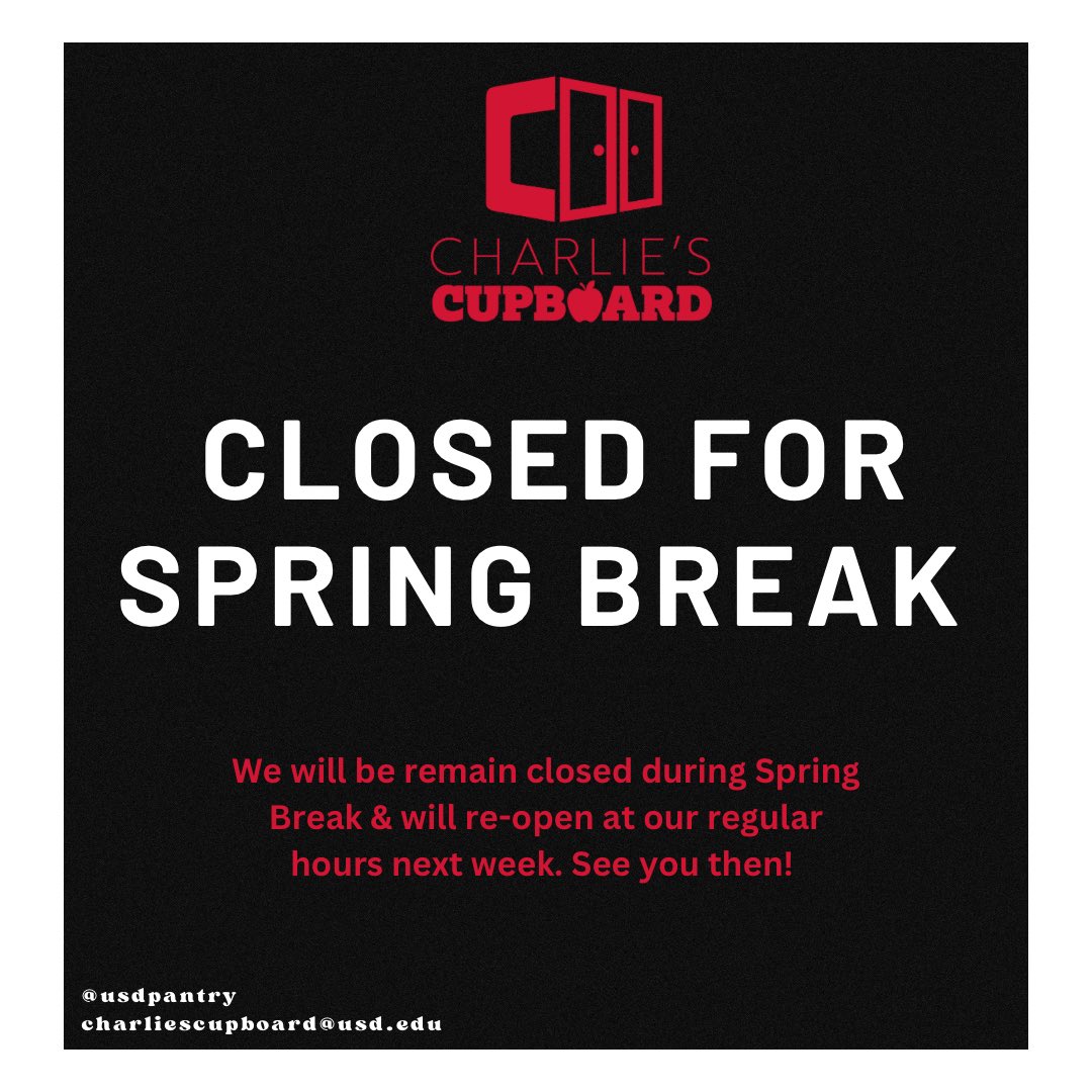 Charlie’s Cupboard will remain closed this week for Spring Break! We will re-open next week for our regular Pop-Up Shopping &amp; normal Thursday schedule.

Enjoy your spring break, Yotes!
