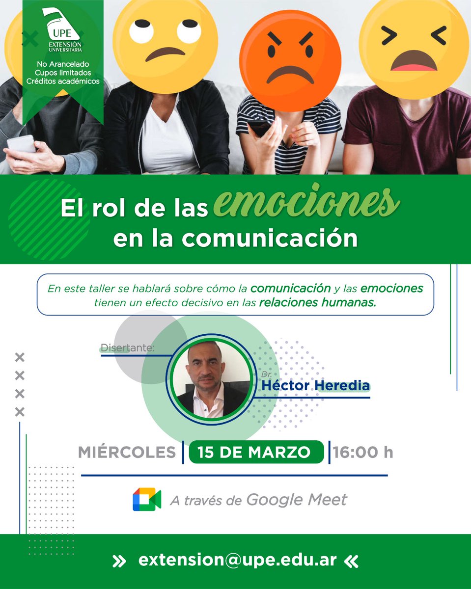 Extension_UPE's tweet photo. SEMINARIO "El rol de las emociones en la comunicación"
Este taller otorga créditos académicos y suma horas para las becas Manuel Belgrano.
Formulario de inscripción: https://t.co/o5MqlkO0pp
#UPE
#EXTENSIONUPE https://t.co/BhvjhmEjWD
