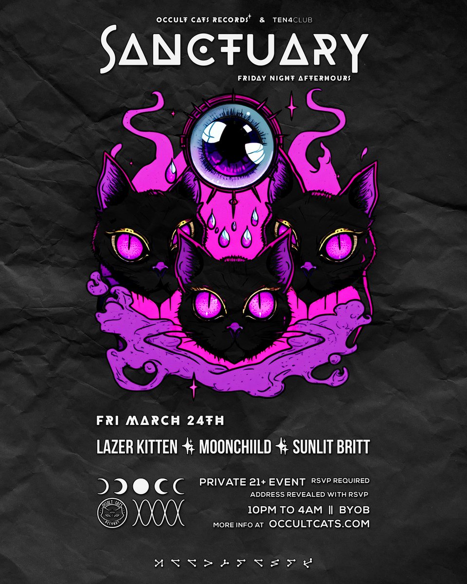 Are you ready to find sanctuary in the sound? Join us for our new Friday night event, featuring the best in house music and unforgettable after-hours vibes! 🌙✨
Our talented lineup, includes Lazer Kitten, Moonchiild, and Sunlit Britt. 🎶
RSVP is required!
occultcats.com