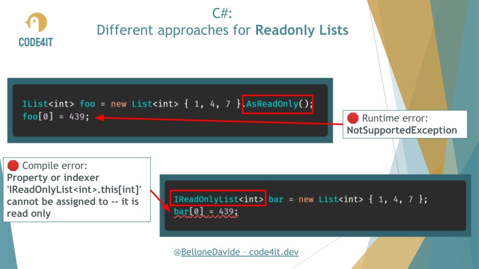 BelloneDavide's tweet photo. 🌊 C#: two ways to create readonly collections 🌊

You can make a collection readonly in two ways:

🅰 use AsReadOnly()

🅱 expose it as IReadOnlyList

Which one would you choose? 

#dotnet #csharp https://t.co/AeEXLffmmy