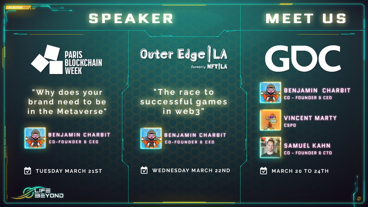 LifeBeyond's tweet image. We've got a thrilling lineup of events throughout March 🛫
Take a look at our schedule below 👇
🔹Join us at @ParisBlockWeek 🇫🇷 & catch @Ben_Charbit in action
🔹Next stop 🇺🇸, where @Ben_Charbit will take the stage at @NFTLAlive
🔹Come say hi & meet our team at @Official_GDC 🇺🇸
