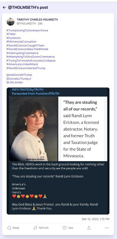 truthseekerrose's tweet image. #TrumpGoingToDavenportIowa 
#Fidlar
#Dominion
#MinnesotaCorruption
#RandiEricksonCaughtThem
#RandiEricksonBlewTheWhistle
#InterruptingCommerce
#AttemptingToShutDownCommerce
#TryingToForceAnEconomicCollapse 
#AmericaIsUnderAttack
#RandiEricksonAlertedTrump

@realDonaldTrump
