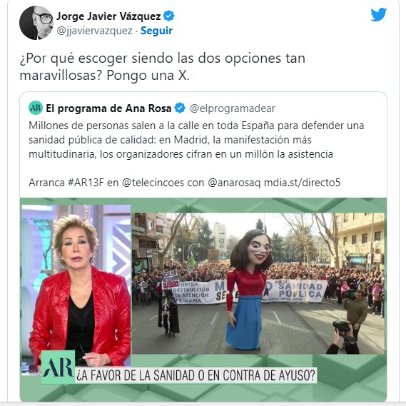 RafaelGLAF5's tweet photo. ¿Quién te gusta más como presentador/a?
RT- Ana Rosa Quintana
MG- Jorge Javier Vázquez
#yoveosálvame #25Palabras13M #ReacciónEnCadena13M https://t.co/uRAEMbFQYU