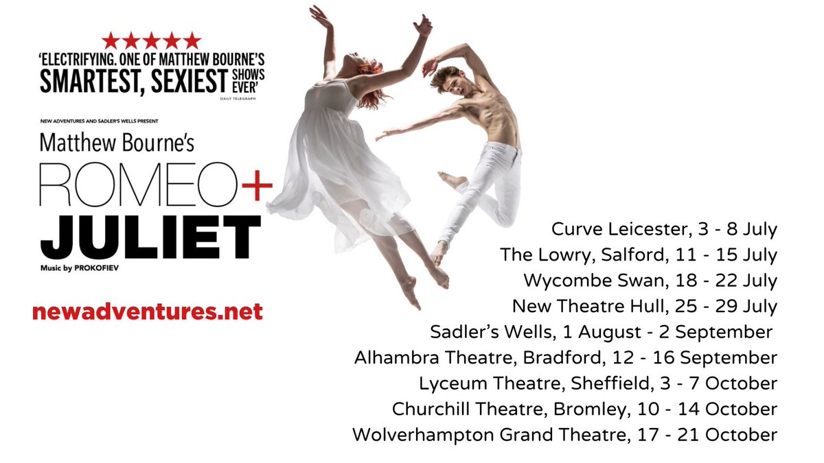 A masterful re-telling of an ageless tale of teenage discovery & the madness of first love, don't miss this opportunity to experience New Adventures repertoire with the very best world renowned dance theatre productions of #MatthewBourne co-produced with Sadlers Wells. 
#ballet