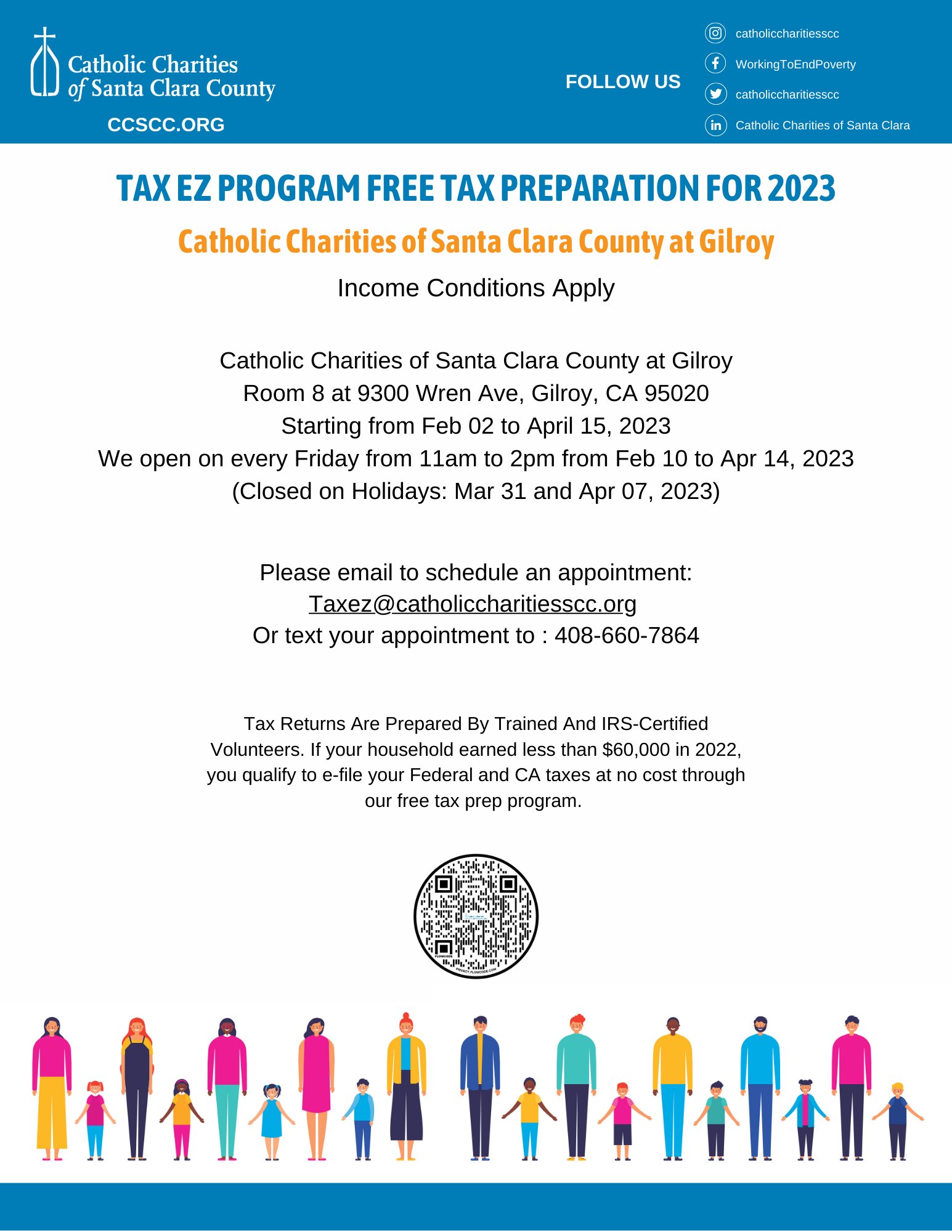 Catholic Charities of Santa Clara County on X: "Tax EZ Program FREE TAX  PREPARATION FOR 2023 Catholic Charities of Santa Clara County at Gilroy  Room 8 at 9300 Wren Ave, Gilroy, CA