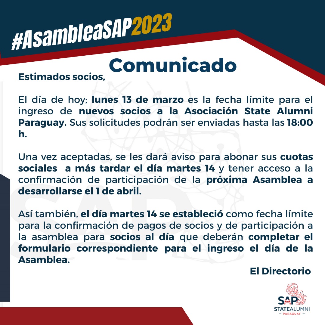 alumniparaguay's tweet image. Comunicado 

#AsambleaSAP2023 
#SAPevents 
#proudSAP