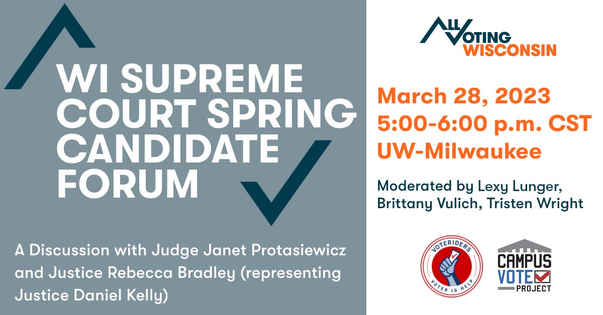 WISCONSIN: Come join us and our friends <a href="/VoteRiders/">VoteRiders</a> and <a href="/CampusVote/">Campus Vote Project</a> as we hear from candidates in the upcoming Wisconsin Supreme Court election! We'll be at UW-Milwaukee on March 28 🗳️
