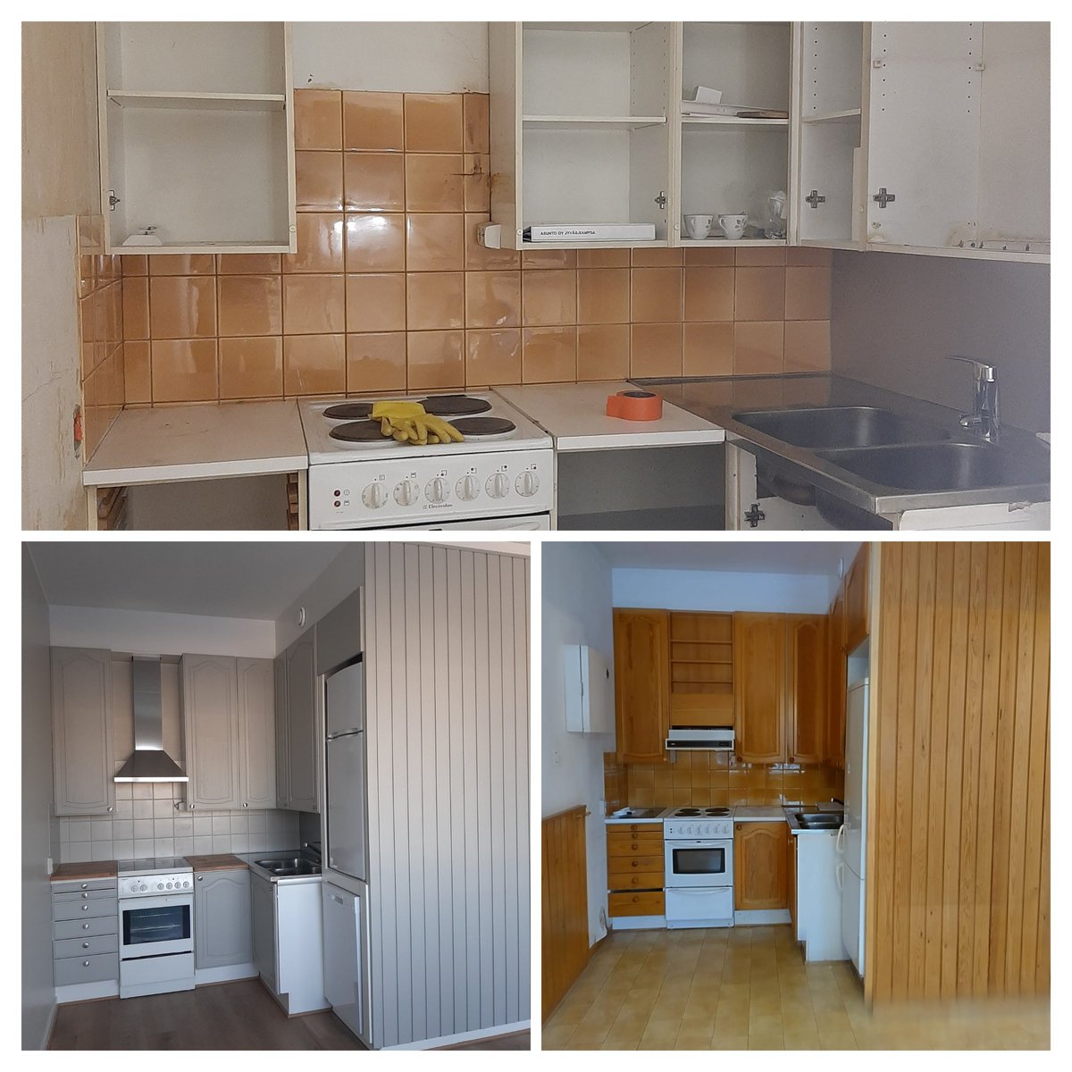 Ennen, keskellä ja jälkeen pienen pintaremontin. Omasta mielestä oivat värit ja toteutus. Ja kyllä, myös vuokralaisen toiveita kuunneltiin. #asuntosijoittaminen #pientäpintaremppaa #kasikytluku #propertybrothersfi