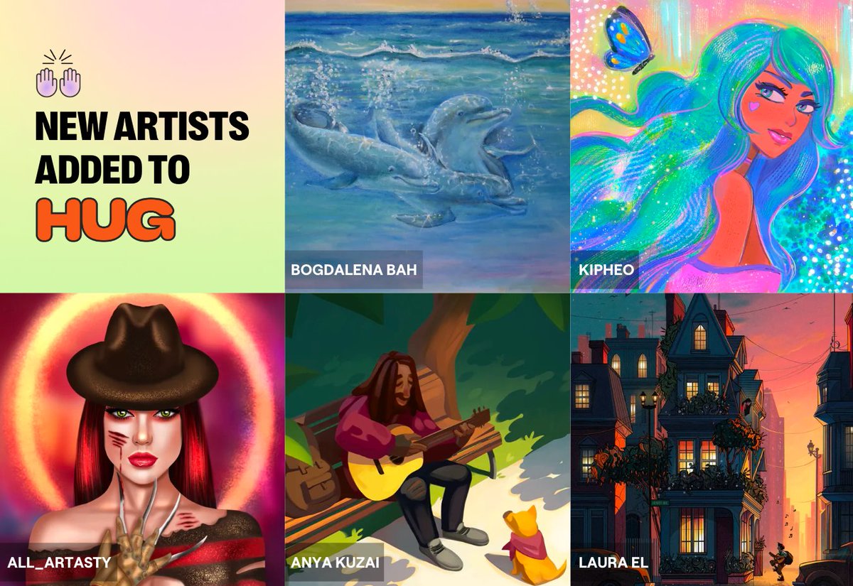 Congrats to the latest artists curated by our community and added to HUG 🎊

<a href="/BogdalenaBah/">Bogdalena Bah</a> 
@kipheo_art 
<a href="/alla_artasty/">Alla_artasty💧</a> 
<a href="/anyakuzai/">Anya Kuzai 💫</a> 
<a href="/iamlaurael/">Laura El</a> 

Welcome! We can't wait to see how you customize your profiles. Check your emails for further instructions 🤗✨