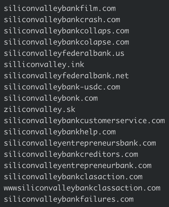 SecuritySnacks's tweet photo. New domain registrations relating to Silicon Valley Bank are emerging. Some could be #phishing campaigns. Listed below is what we’re seeing now. Keep in mind not all are scammy, and not all scammy domains targeting SVB will have SVB-related terms: https://t.co/mHjfZQIQAf https://t.co/Au7AbA0GhX