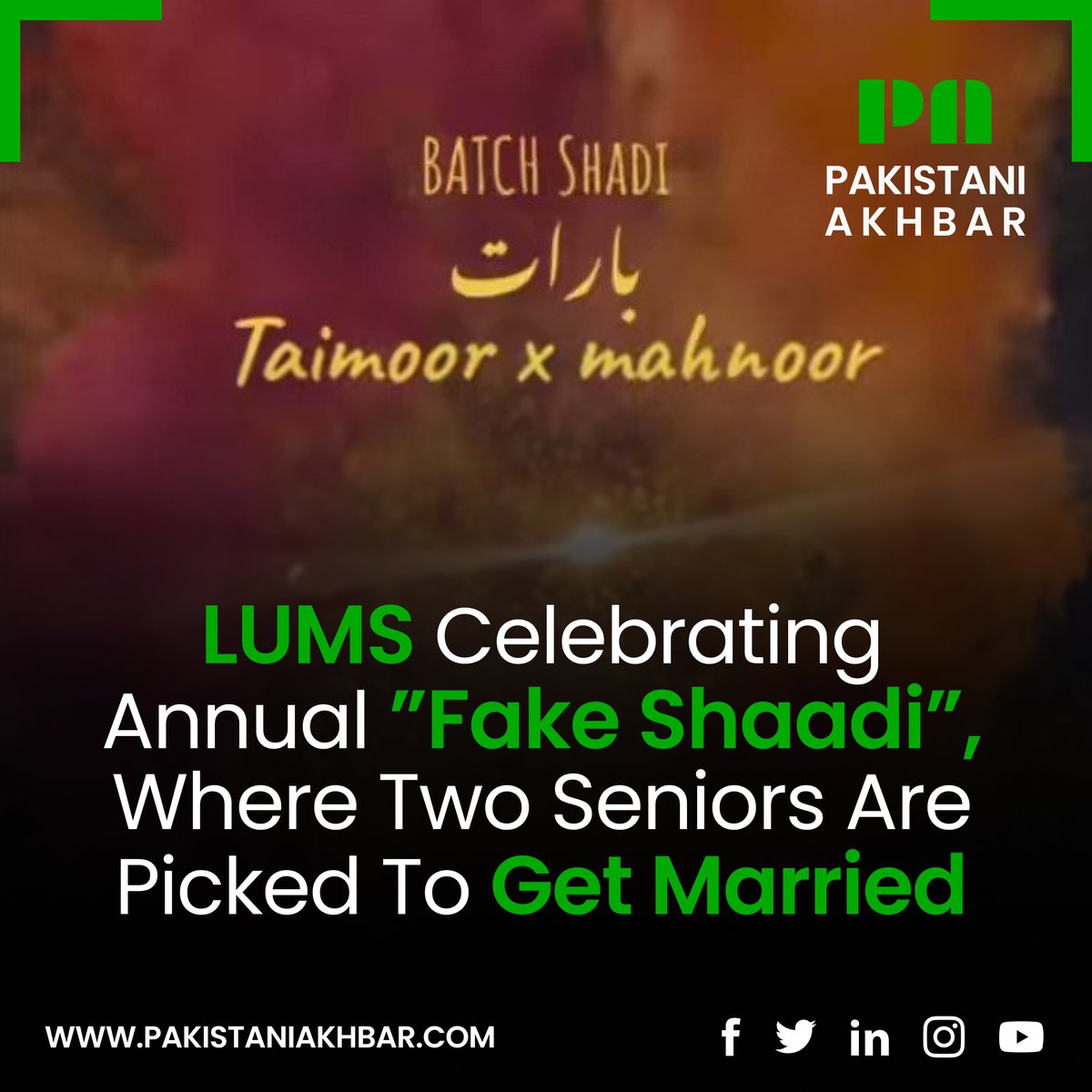 dailyPakAkh's tweet photo. LUMS celebrating annual ”Fake shaadi”, where two seniors are picked to get married
.
.
#PakistaniAkhbar #LUMS #university #wedding #Pakistan #fakeshaadi #batchshadi #Students  #ImranKhanRally #HBLPSL8 @LifeAtLUMS https://t.co/rO1LPeRRfX