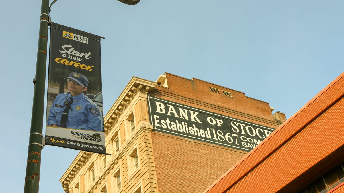 SJDeltaCollege's tweet photo. Have you seen our Delta College pole banners on Main Street in Downtown Stockton? Whether our students are finding or finishing the path to their future, we hope they are able to see themselves in one of these pieces. #MustangsMovingForward
Thanks to our partners @DowntownStkn! https://t.co/QpMbH9oH6l
